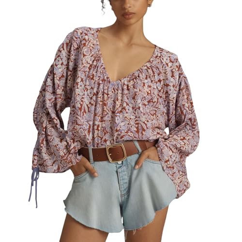 Bluse Damen Shirt Boho Langarm Blumendruck Lose Hemd Tunika Damen Sommer mit Kordelzug V-Ausschnitt Frühling Herbst Elegant Casual Basic Lässig Leicht (Lila, S) von Barbotimer