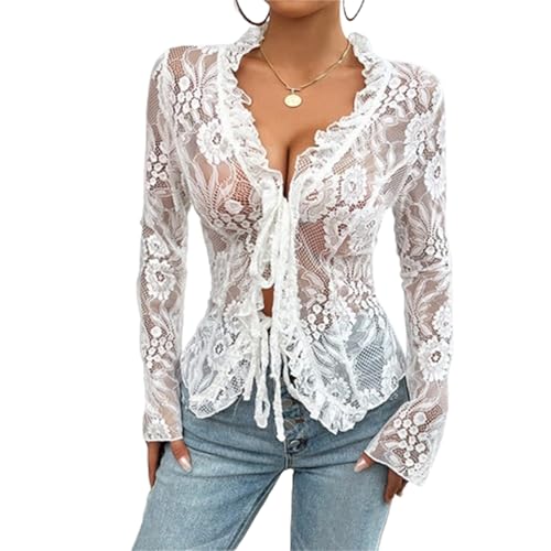 Blusen Damen Eng Spitzen Oberteile Tief V-Ausschnitt Transparent T-Shirt Sexy Mesh Top Y2K Crop Top Elegant Blumen Spitzenbluse Party Outfit Streetwear Clubwear Dünn Spitzentop (Weiß, L) von Barbotimer