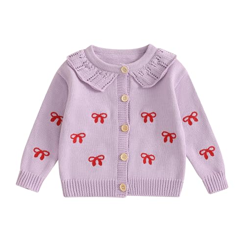 Cardigan Baby Mädchen Langarm Strickjacke Schleife Pullover Gestrickt Baby Kleidung Rundhals Strickpullover Knopfleiste Vorne Pulli Sweater Top Kinder Cardigan Strickwaren (Lila, 3-6 Months) von Barbotimer