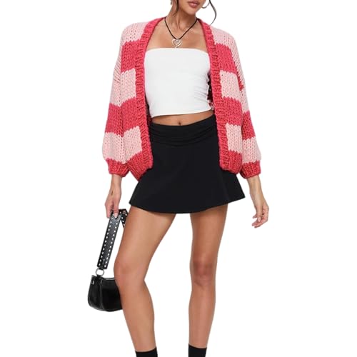 Cardigan Damen Herbst Winter Langarm Strickjacke Damen Streifen Gestreift Y2k Knitwear Lange Strickweste Warme Vorne Offen Casual Party Club (Rosa, S) von Barbotimer
