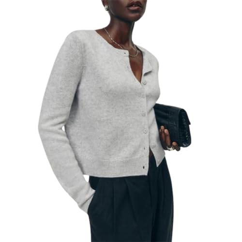 Cardigan Damen Langarm Strickjacke Damen Kurz Y2k Einfarbig Streifen Knitwear Strickweste Warme Sweater Pullover Knopfleiste Casual Party Club Streetwear Leicht (B-Hellgrau, M) von Barbotimer