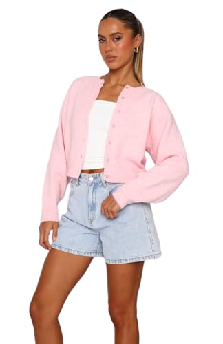 Cardigan Damen Langarm Strickjacke Damen Kurz Y2k Einfarbig Streifen Knitwear Strickweste Warme Sweater Pullover Knopfleiste Casual Party Club Streetwear Leicht (Rosa, S) von Barbotimer