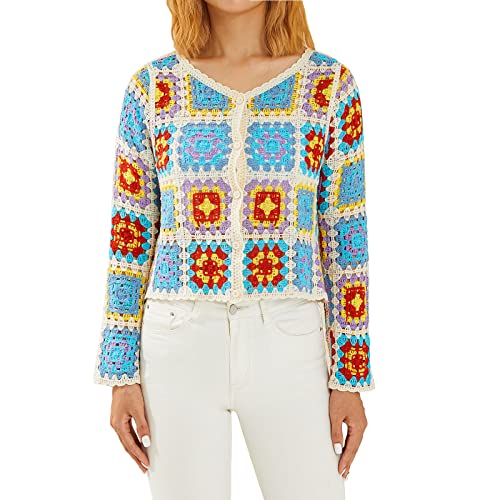 Cardigan Damen Sommer Ausgehöhlt Boho Top Langarm Strickjacke Blumenmuster Häkelpullover Knitwear Häkel Top Häkelpulli Strickweste Casual Party Streetwear (Blau, ONE Size) von Barbotimer