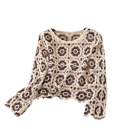 Cardigan Damen Sommer Ausgehöhlt Boho Top Langarm Strickjacke Blumenmuster Häkelpullover Knitwear Häkel Top Häkelpulli Strickweste Casual Party Streetwear (Braune Blume, ONE Size) von Barbotimer