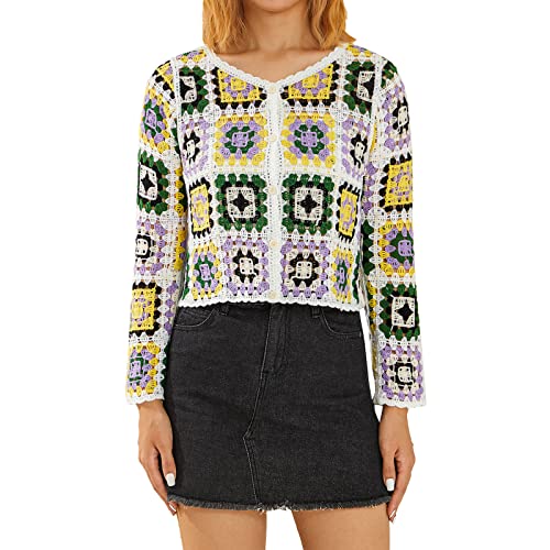 Cardigan Damen Sommer Ausgehöhlt Boho Top Langarm Strickjacke Blumenmuster Häkelpullover Knitwear Häkel Top Häkelpulli Strickweste Casual Party Streetwear (Lila, ONE Size) von Barbotimer