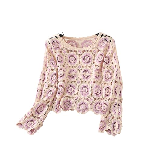 Cardigan Damen Sommer Ausgehöhlt Boho Top Langarm Strickjacke Blumenmuster Häkelpullover Knitwear Häkel Top Häkelpulli Strickweste Casual Party Streetwear (Lila Blume, ONE Size) von Barbotimer