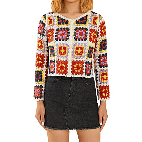 Cardigan Damen Sommer Ausgehöhlt Boho Top Langarm Strickjacke Blumenmuster Häkelpullover Knitwear Häkel Top Häkelpulli Strickweste Casual Party Streetwear (Rot, ONE Size) von Barbotimer