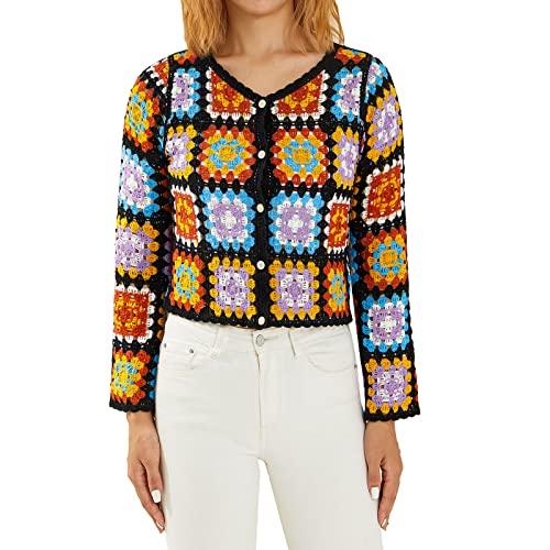 Cardigan Damen Sommer Ausgehöhlt Boho Top Langarm Strickjacke Blumenmuster Häkelpullover Knitwear Häkel Top Häkelpulli Strickweste Casual Party Streetwear (Schwarz, ONE Size) von Barbotimer