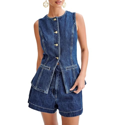 Damen Jeansweste Ärmellos Y2k Denim-Weste mit Knopfleiste Rundhals Sommer Lange Weste Jeansjacke Elegant (Blau, M) von Barbotimer