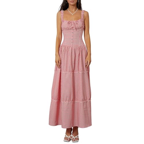 Damen Kleider Sommer Boho Sommerkleider Damen Maxikleid Kariert Rüschen Gesmoktes Kleid Spaghettiträger-Kleid Ärmellos Strandkleider Kleid Lang Sommer Elegant Strand (Rot, M) von Barbotimer