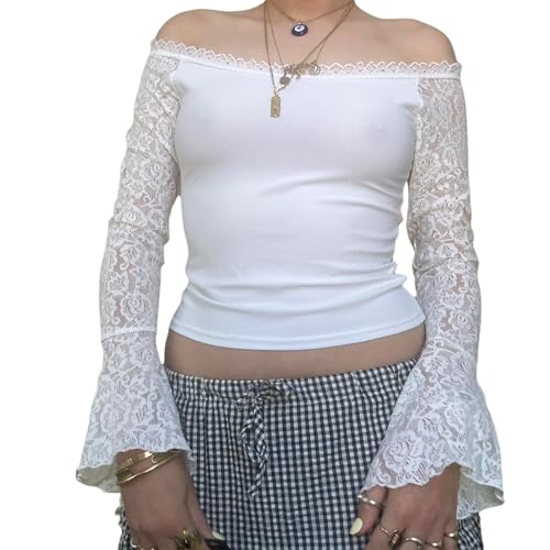 Damen Off Shoulder Oberteil Spitze Langarmshirt Glockenärmel Bluse Slim Fit Y2K Elegantes Spitzen Shirt Schulterfreies Top (weiß, S) von Barbotimer