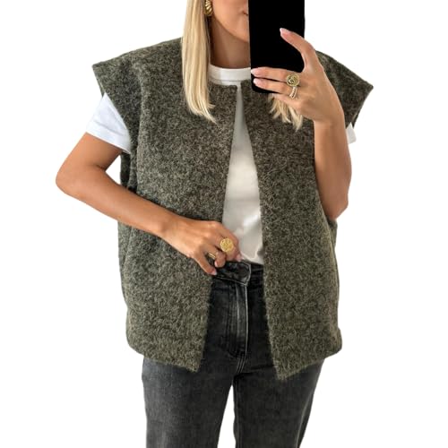 Fleece Weste Damen Ärmellos Westen V-Ausschnitt Damenweste Einfarbig Fellweste Teddyfell Herbstmantel Elegant Top Winter Fleeceweste Teddy Plüschweste Pelzjacke (Armeegrün, XL) von Barbotimer