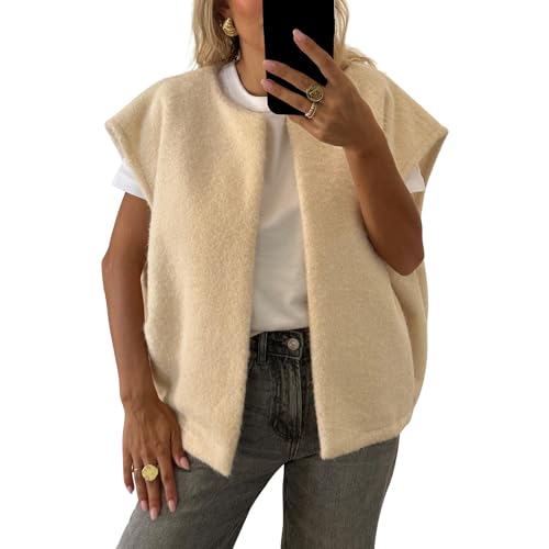 Fleece Weste Damen Ärmellos Westen V-Ausschnitt Damenweste Einfarbig Fellweste Teddyfell Herbstmantel Elegant Top Winter Fleeceweste Teddy Plüschweste Pelzjacke (Beige, S) von Barbotimer