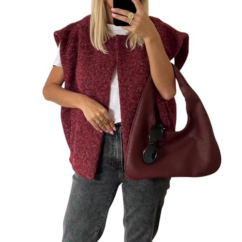 Fleece Weste Damen Ärmellos Westen V-Ausschnitt Damenweste Einfarbig Fellweste Teddyfell Herbstmantel Elegant Top Winter Fleeceweste Teddy Plüschweste Pelzjacke (Burgundy, S) von Barbotimer