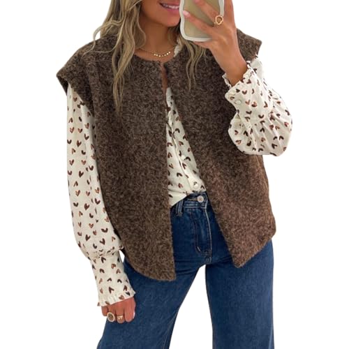 Fleece Weste Damen Ärmellos Westen V-Ausschnitt Damenweste Einfarbig Fellweste Teddyfell Herbstmantel Elegant Top Winter Fleeceweste Teddy Plüschweste Pelzjacke (Camel, S) von Barbotimer