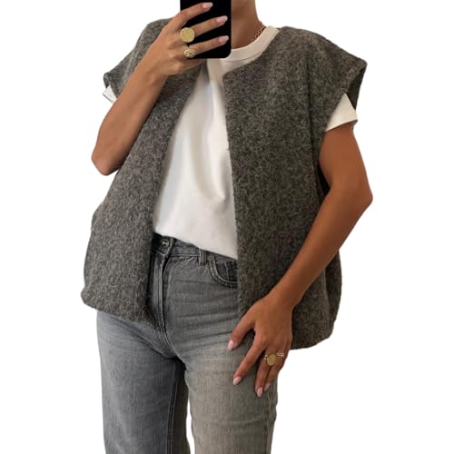 Fleece Weste Damen Ärmellos Westen V-Ausschnitt Damenweste Einfarbig Fellweste Teddyfell Herbstmantel Elegant Top Winter Fleeceweste Teddy Plüschweste Pelzjacke (Dunkelgrau, S) von Barbotimer