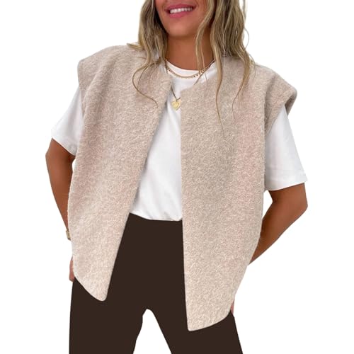 Fleece Weste Damen Ärmellos Westen V-Ausschnitt Damenweste Einfarbig Fellweste Teddyfell Herbstmantel Elegant Top Winter Fleeceweste Teddy Plüschweste Pelzjacke (Weiß, L) von Barbotimer