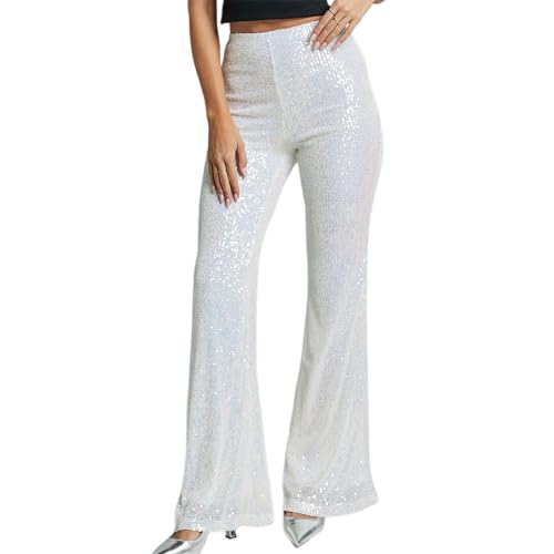 Glitzer Hose Damen Paillettenhose High Waist Weite Bein Hose Elegante Glitzerhose für Party Disco Kostüm Festival Glänzende Schlaghose 70er 80er Style Clubwear Rave Outfit (Weiß, L) von Barbotimer