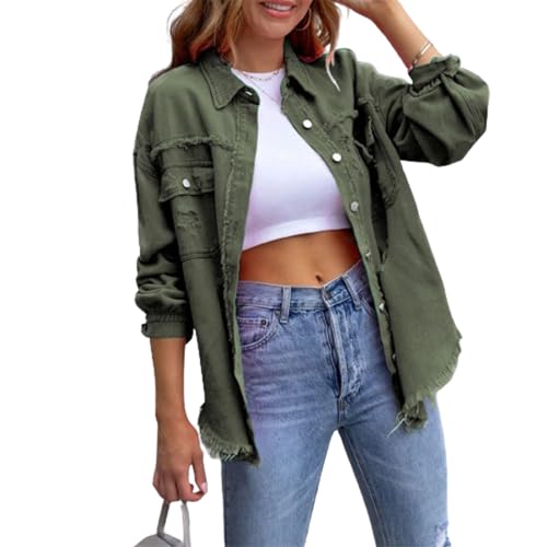 Jacke Damen Y2k Langarm Jeansjacke Damen Vintage Damen-Jacken Denim Jeanshemd Damen Jeans Jacken Für Damen Übergangsjacke Frühling Herbst Sport Basic Casual Elegant Streetwear (Army Grün, XL) von Barbotimer