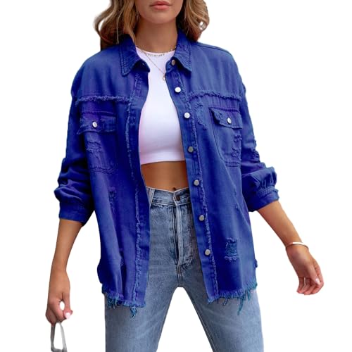 Jacke Damen Y2k Langarm Jeansjacke Damen Vintage Damen-Jacken Denim Jeanshemd Damen Jeans Jacken Für Damen Übergangsjacke Frühling Herbst Sport Basic Casual Elegant Streetwear (Blau, XXL) von Barbotimer