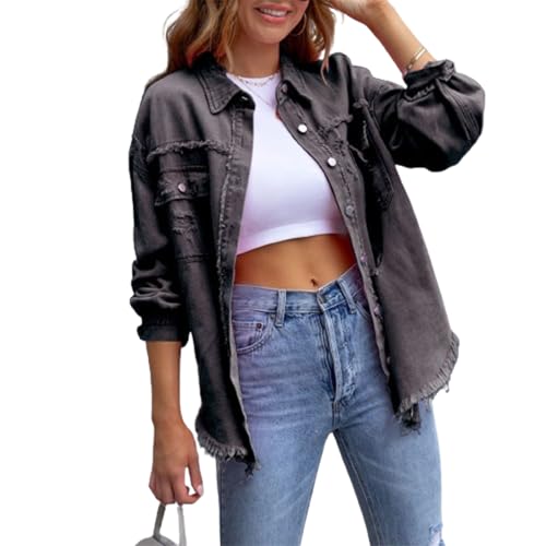 Jacke Damen Y2k Langarm Jeansjacke Damen Vintage Damen-Jacken Denim Jeanshemd Damen Jeans Jacken Für Damen Übergangsjacke Frühling Herbst Sport Basic Casual Elegant Streetwear (Dunkelgrau, L) von Barbotimer