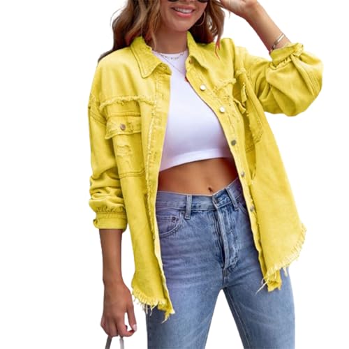 Jacke Damen Y2k Langarm Jeansjacke Damen Vintage Damen-Jacken Denim Jeanshemd Damen Jeans Jacken Für Damen Übergangsjacke Frühling Herbst Sport Basic Casual Elegant Streetwear (Gelb, S) von Barbotimer