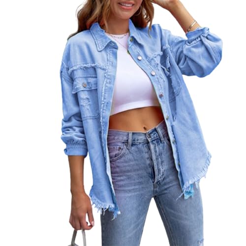 Jacke Damen Y2k Langarm Jeansjacke Damen Vintage Damen-Jacken Denim Jeanshemd Damen Jeans Jacken Für Damen Übergangsjacke Frühling Herbst Sport Basic Casual Elegant Streetwear (Himmelblau, L) von Barbotimer