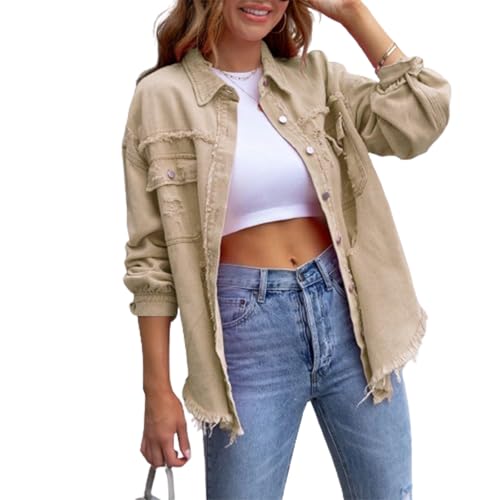 Jacke Damen Y2k Langarm Jeansjacke Damen Vintage Damen-Jacken Denim Jeanshemd Damen Jeans Jacken Für Damen Übergangsjacke Frühling Herbst Sport Basic Casual Elegant Streetwear (Khaki, M) von Barbotimer