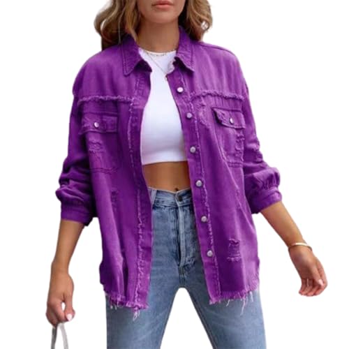 Jacke Damen Y2k Langarm Jeansjacke Damen Vintage Damen-Jacken Denim Jeanshemd Damen Jeans Jacken Für Damen Übergangsjacke Frühling Herbst Sport Basic Casual Elegant Streetwear (Lavendel, M) von Barbotimer