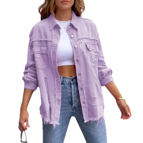 Jacke Damen Y2k Langarm Jeansjacke Damen Vintage Damen-Jacken Denim Jeanshemd Damen Jeans Jacken Für Damen Übergangsjacke Frühling Herbst Sport Basic Casual Elegant Streetwear (Lila, XL) von Barbotimer