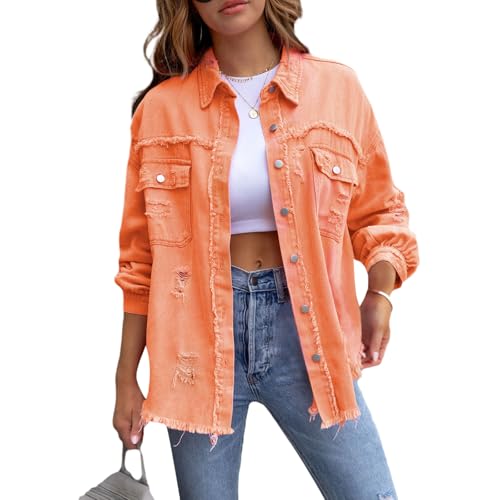 Jacke Damen Y2k Langarm Jeansjacke Damen Vintage Damen-Jacken Denim Jeanshemd Damen Jeans Jacken Für Damen Übergangsjacke Frühling Herbst Sport Basic Casual Elegant Streetwear (Orange, XL) von Barbotimer