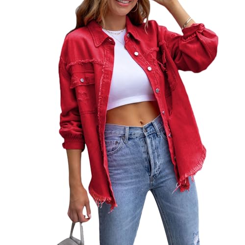 Jacke Damen Y2k Langarm Jeansjacke Damen Vintage Damen-Jacken Denim Jeanshemd Damen Jeans Jacken Für Damen Übergangsjacke Frühling Herbst Sport Basic Casual Elegant Streetwear (Rot, S) von Barbotimer