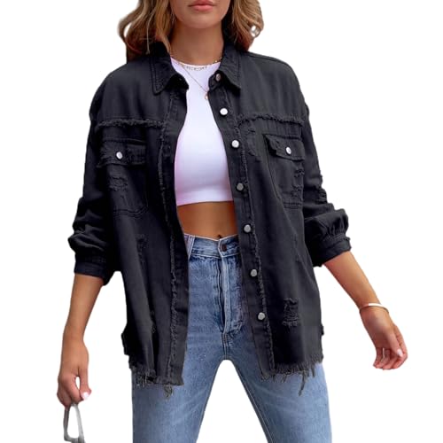 Jacke Damen Y2k Langarm Jeansjacke Damen Vintage Damen-Jacken Denim Jeanshemd Damen Jeans Jacken Für Damen Übergangsjacke Frühling Herbst Sport Basic Casual Elegant Streetwear (Schwarz, L) von Barbotimer