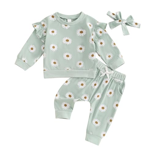 Kinderkleidung Baby Mädchen Bekleidungssets Daisy Langarm Sweatshirt und Elastische Hosen Jogginganzug Gänseblümchen Zweiteilige Outfit mit Stirnband (01-Grün, 12-18 Months) von Barbotimer