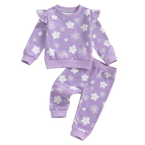 Kinderkleidung Baby Mädchen Bekleidungssets Daisy Langarm Sweatshirt und Elastische Hosen Jogginganzug Gänseblümchen Zweiteilige Outfit mit Stirnband (02-Lila, 6-12 Months) von Barbotimer