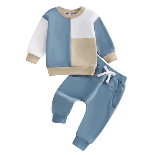 Kleidung Set Baby Jungen Langarmshirt Sweatshirt und Hose Babykleidung Warmes Zweiteiler Baby Outfit Set mit Patchwork für Alltag und Sport (Blau, 12-18 Months) von Barbotimer