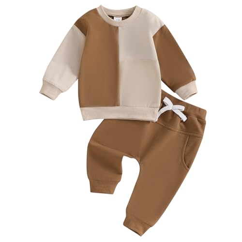 Kleidung Set Baby Jungen Langarmshirt Sweatshirt und Hose Babykleidung Warmes Zweiteiler Baby Outfit Set mit Patchwork für Alltag und Sport (Khaki, 2-3T) von Barbotimer