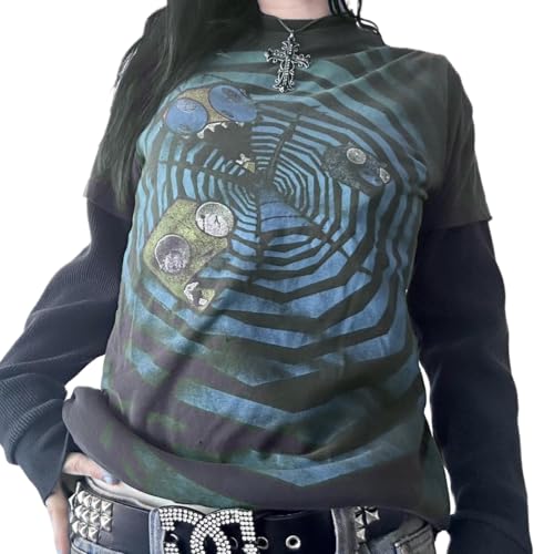 Langarmshirt Damen Y2k Gothic Langarm Shirt Slim Fit Vintage Langarm T-Shirt Grunge Rundhals Punk Sweatshirt Grafik gedruckt Locker Casual Herbst Frühling Sommer Elegant (B-Blau, S) von Barbotimer