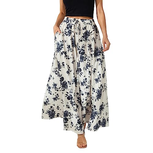 Maxirock Damen Elegant Blumenmuster Lang Rock mit hohem Bund Boho Rock A-Linien Midirock für Sommer, Strand, Club und Streetwear Freizeitrock (Schwarz Blume, L) von Barbotimer