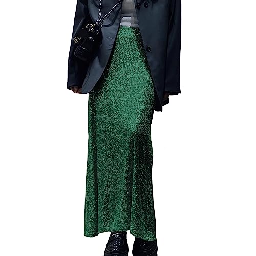 Pailletten Rock Damen Lang Glitzer Rock Niedrige Taille Party Rock Elegant Bleistiftrock A-Linie Tüllrock (Grün, M) von Barbotimer