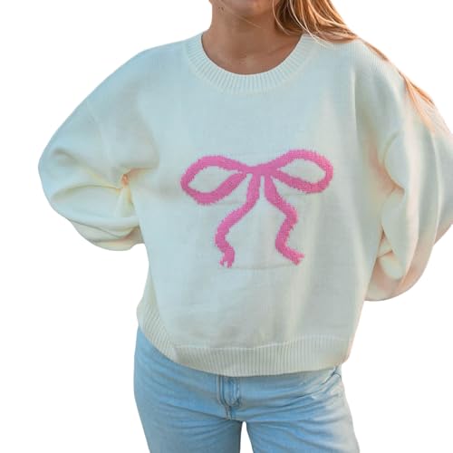 Pullover Damen Langarm Strickpullover Y2k Rundhals Schleife Blumenmuster Knit Sweater Lässig Warm Langarm Oberteil Sweatshirt Herbst Winter Frühling Casual Elegant Lässig (B-Rosa, S) von Barbotimer