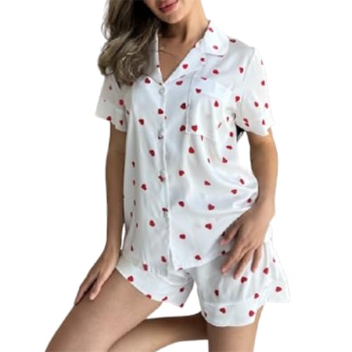 Pyjama Set Damen Kurz Schlafanzug Satin Nachtwäsche 2 Teiliger Hausanzug Zweiteiliger Pjs Sets Frauen Seide Loungewear Kurzarm Hemdpyjama und Shorts mit Knopf Herz Druck Bequeme Weich (Weiß, M) von Barbotimer
