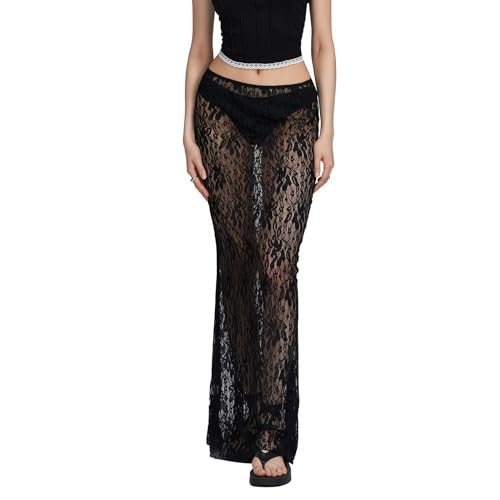 Rock Damen Maxirock Mit Spitze Spitzenrock Blumenmuster Y2K Hohe Taille Strandrock Sommer Einfarbig Sommerrock Strandkleider Elegant Durchsichtig (Schwarz, M) von Barbotimer