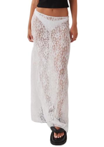 Rock Damen Maxirock Mit Spitze Spitzenrock Blumenmuster Y2K Hohe Taille Strandrock Sommer Einfarbig Sommerrock Strandkleider Elegant Durchsichtig (Weiß, S) von Barbotimer