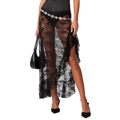 Rock Damen Midirock Mit Spitze Spitzenrock Blumenmuster Rüschen Y2K Vintage Strandrock Sommer Asymmetrischer Saum Seitenschlitz Einfarbig Sommerrock Strandkleider Elegant (Schwarz, M) von Barbotimer