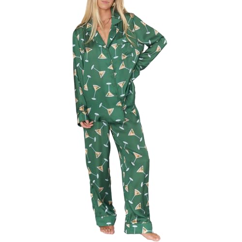 Schlafanzug Damen Lang Pyjamas Set Satin Hemd+Pyjamahose Zweiteiliger Nachtwäsche Baumwolle Lounge Set mit Knopfleiste Streifen Hausanzug Lustig Loungewear Obst Muster PJs (Dunkelgrün Glas, S) von Barbotimer