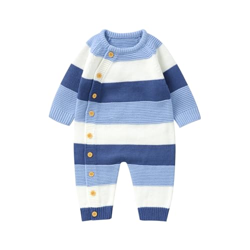 Strampler Neugeborene Baby Jungen Mädchen Pullover Unisex Baby gestrickte Strampler Herbst Winter Strick Overall Gestreift Langarm Rundhals Bodysuit Jumpsuit Schlafanzug 0-18M (Blau, 0-3 Months) von Barbotimer