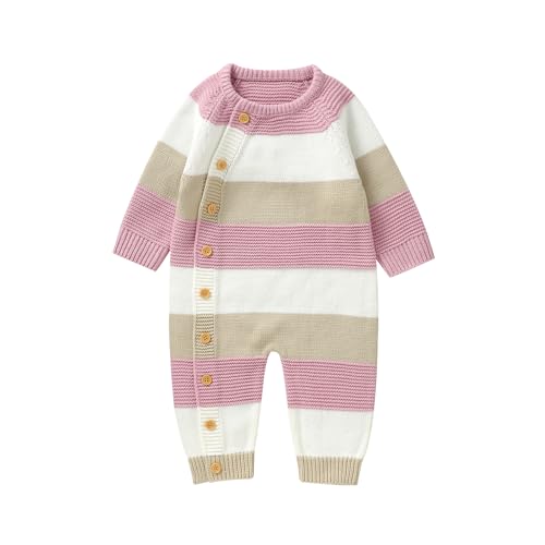 Strampler Neugeborene Baby Jungen Mädchen Pullover Unisex Baby gestrickte Strampler Herbst Winter Strick Overall Gestreift Langarm Rundhals Bodysuit Jumpsuit Schlafanzug 0-18M (Pink, 3-6 Months) von Barbotimer