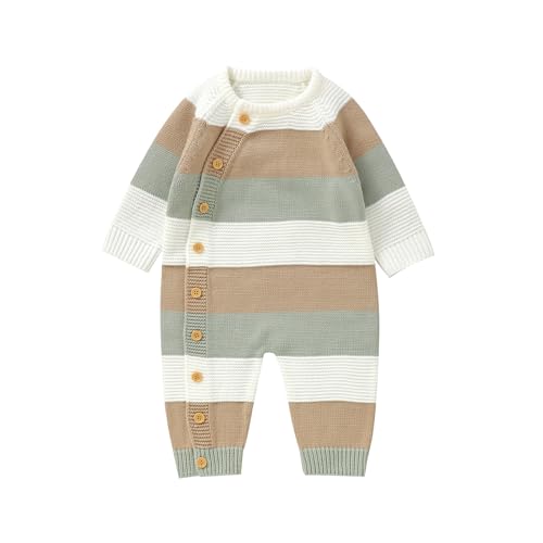 Strampler Neugeborene Baby Jungen Mädchen Pullover Unisex Baby gestrickte Strampler Herbst Winter Strick Overall Gestreift Langarm Rundhals Bodysuit Jumpsuit Schlafanzug 0-18M (Weiß, 3-6 Months) von Barbotimer