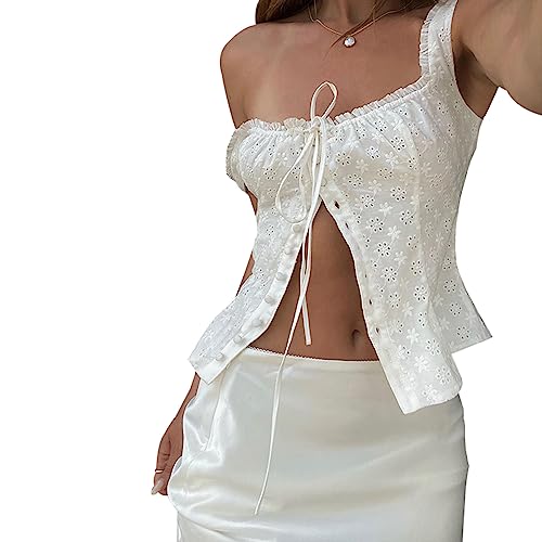 Tank Top Damen Weste Y2k Ärmellos Träger Top Sommer Rückenfreies Oberteil Spitze Rüschen Ausgehöhlt Schnürung Schleife Vorne Zum Binden Vorne Einfarbig Elegant (C-Weiß, L) von Barbotimer
